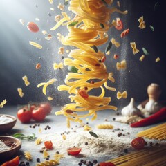 pasta and vegetables and ingredients fluying