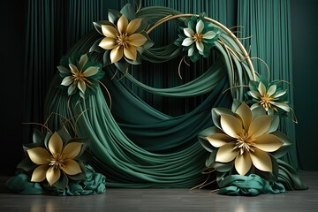 Maternity backdrop, wedding backdrop, photography background, maternity props, Light hoop weaved green and gold flowers, elegant wall background, flowing white satin drape, backdrop, giant flowers