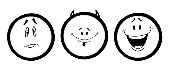 Three graffiti emoticons. Smiling face painted spray paint. Vector illustration on white background