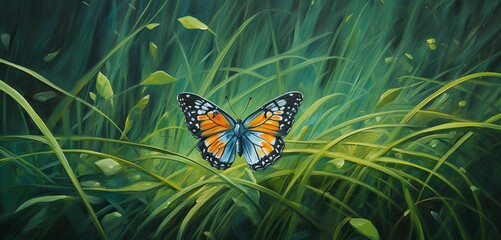 A painted butterfly perched delicately on a blade of lush green grass.