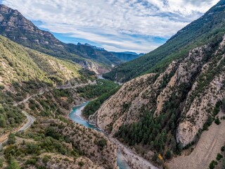 Drone panorama over the Mirador de Janovas gorge and the River Ara in the Spanish Pyrenees