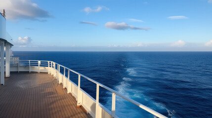 Fototapeta na wymiar Teak bow deck of a large luxury motor yacht out at sea with a tropical ocean view background.
