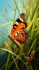 A painted butterfly perched delicately on a blade of grass.