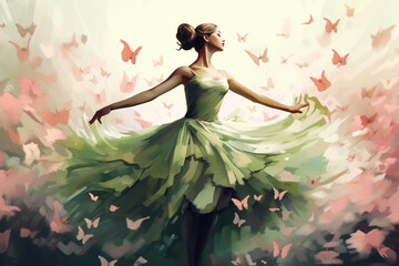 illustration of a ballerina in a green dress, on a background of pink butterflies. Created with Generative AI