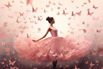 illustration of a ballerina in a pink dress, on a background of pink butterflies. Created with Generative AI - obrazy, fototapety, plakaty