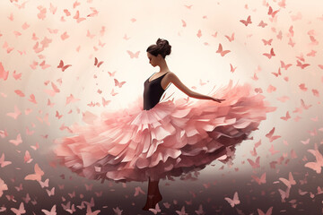 illustration of a ballerina in a pink dress, on a background of pink butterflies. Created with Generative AI - obrazy, fototapety, plakaty