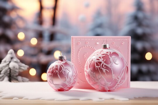 Two pink Christmas ornaments on a snowy surface with a pink card in the background. The background also consists of a snowy landscape with trees. 