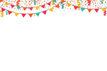 Garland of colored flags and confetti horizontal banner. Carnival garlands entertainment events. Festive vector background in flat cartoon style on a white background.