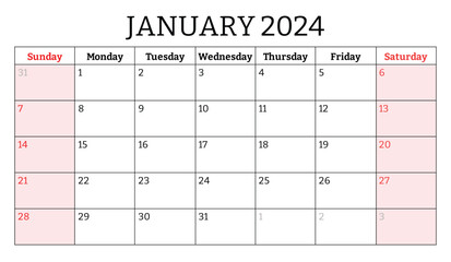 January 2024 english month calendar. Vector printable illustration. Monthly planning for your business
