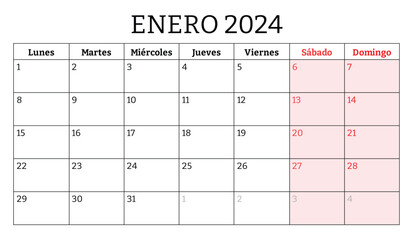 January 2024 spanish month calendar. Vector printable illustration. Monthly planning for business in Spain - obrazy, fototapety, plakaty