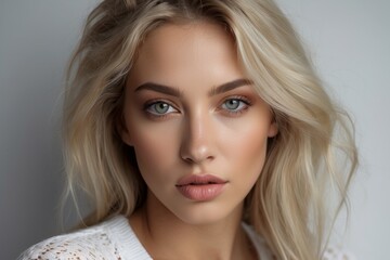 Naklejka premium Close-up of a blonde model girl with green eyes, plump lips, clean well-groomed skin on a gray background. Beauty, fashion, cosmetics advertising, care concepts.