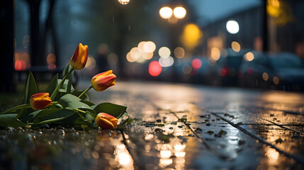 A Night Scene in the City Depicting a Couple's Breakup with Flowers Adorning the Wet Roads.