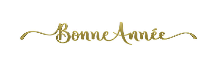 3D render of BONNE ANNEE (HAPPY NEW YEAR in French) metallic gold brush calligraphy on transparent background