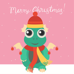 Flat Design Merry Christmas   illustration with a Dragon Wearing a Hat, Scarf, Decorations