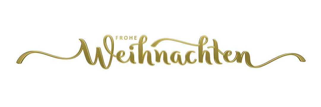 3D render of FROHE WEIHNACHTEN (HAPPY CHRISTMAS in German) metallic gold brush calligraphy on transparent background