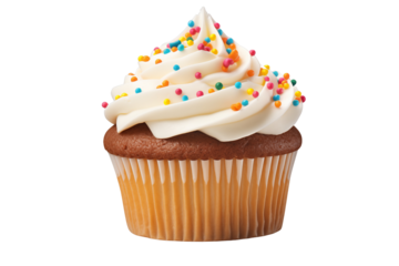 Cupcake with white icing with colorful sprinkles on it. Transparent background. 