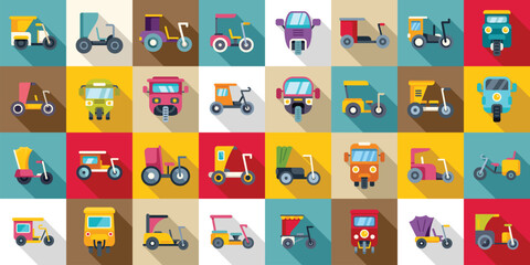 Trishaw icons set flat vector. Bike indian transport. Bicycle vehicle taxi