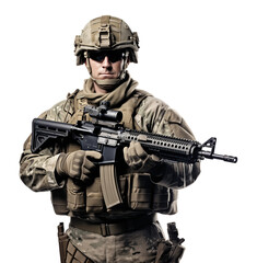 Fototapeta premium Soldier Holding Gun Isolated on Transparent Background 