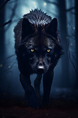 Black Wolf in the Shadows with Piercing Eyes, Ground Fog, and a Dark Forest Background - A Majestic and Mysterious Night Scene.