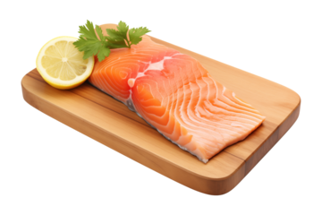 Fresh Salmon Slice on Wooden Plate With Lime Isolated on Transparent Background
