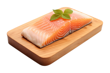 Salmon Slice on Wooden Plate Isolated on Transparent Background
