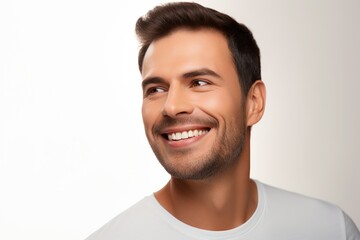 Fototapeta premium portrait of a beautiful young handsome model man smiling with perfectly clean teeth, used for a dental ad, isolated on a white background