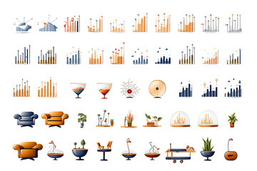 Diagrams flat icons and graphs color isolated on PNG Background. Generative Ai.