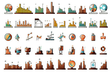 Diagrams flat icons and graphs color isolated on PNG Background. Generative Ai.