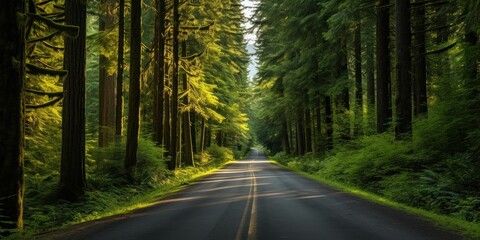 Obraz premium Straight path cutting through a forest with trees.