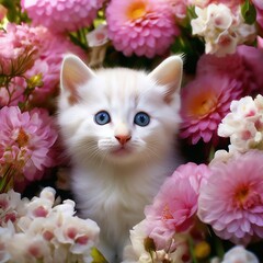 a white kitten peeks out from pink flowers.