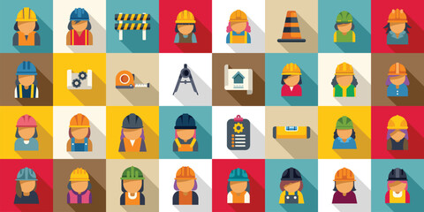 Female construction engineer icons set flat vector. Worker architect. Civil builder hat - obrazy, fototapety, plakaty