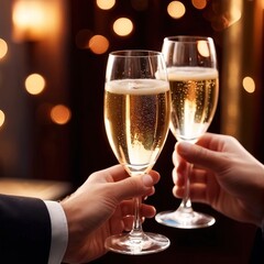 Hands holding champagne glasses, toasting in celebration