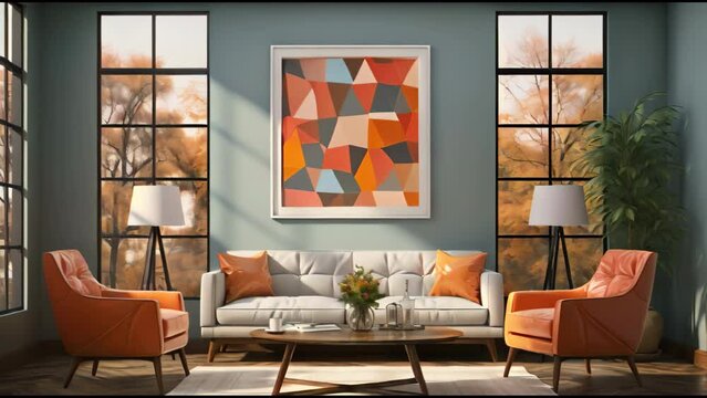 Modern living room of a house colorful abstract art painting that comes to life and the drawing begins to move.