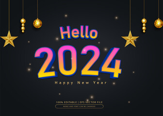 Vector 2024 happy new year illustration with 3d light  typography lettering with neon colure