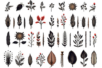set of hand drawn floral doodle isolated on PNG Background. Generative Ai.