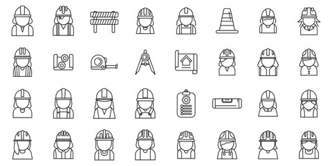Female construction engineer icons set outline vector. Worker architect. Civil builder hat - obrazy, fototapety, plakaty