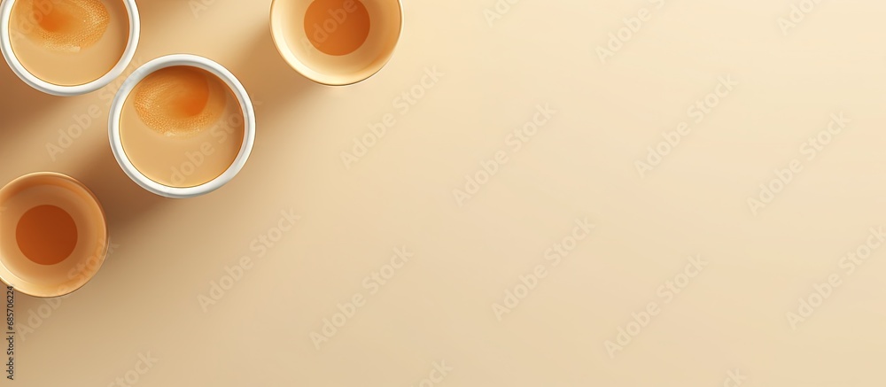 Aufkleber Coffee cups with blank labels float in 3D illustration over beige background Minimal food and beverage concept Copy space image Place for adding text or design