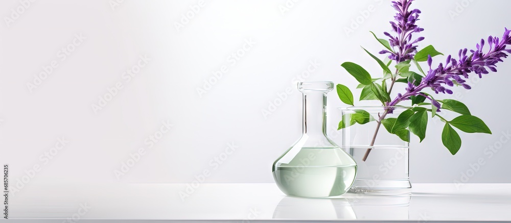 Poster Biotech lab setup with green and purple flora amidst a white background Copy space image Place for adding text or design