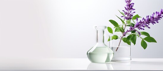 Biotech lab setup with green and purple flora amidst a white background Copy space image Place for...