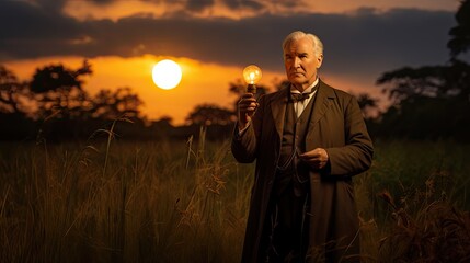 An imaginable image of Thomas Edison standing i a field with his lightbulb.