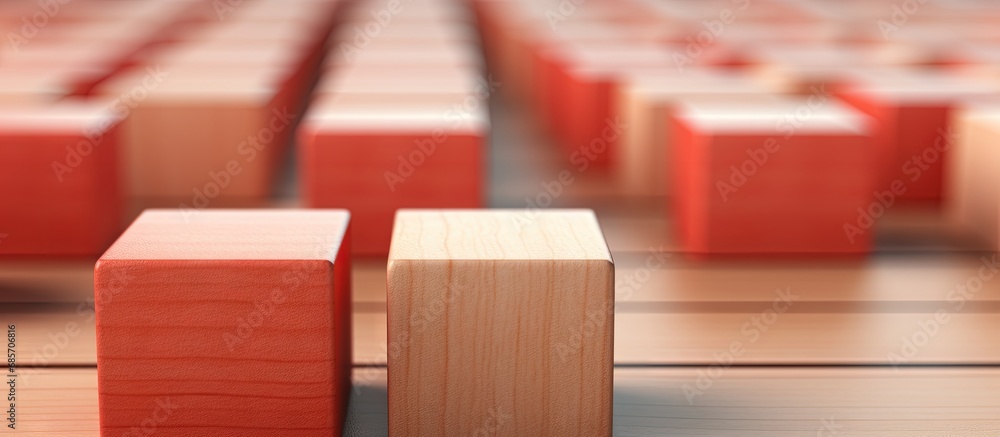 Poster Closeup of a unique red wooden cube among blocks Copy space image Place for adding text or design