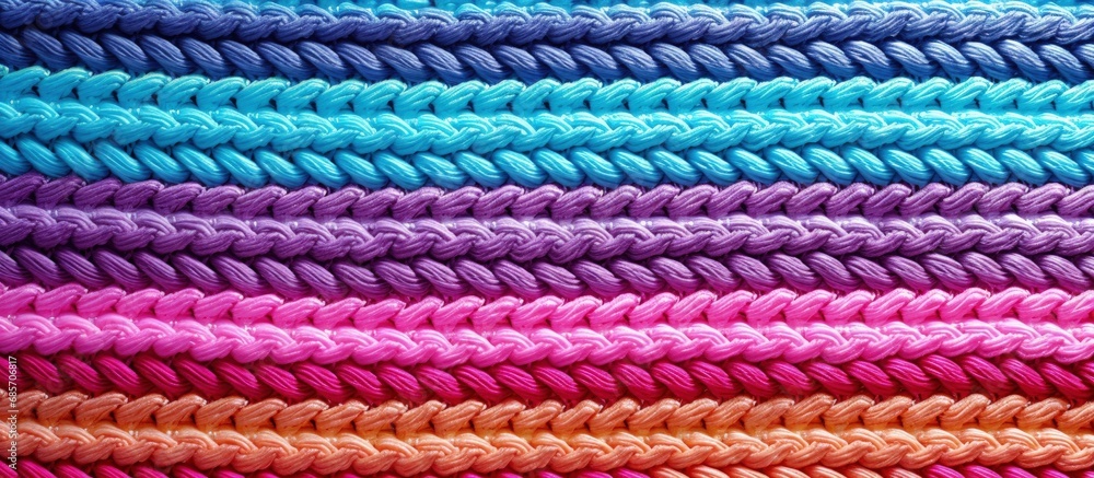Poster Colorful striped knitted fabric with crochet texture Copy space image Place for adding text or design