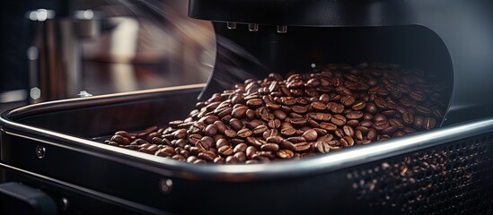 Automated machinery in coffee shops or factories roasts coffee beans for production Copy space image Place for adding text or design