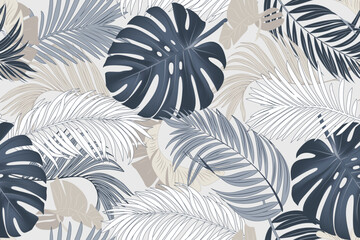 Tropical seamless pattern, colorful palm leaves, monstera on light gray background, vector illustration