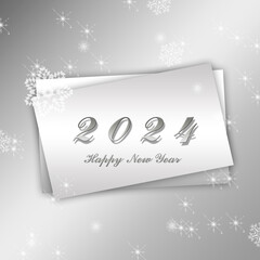  Happy New Year 2024 illustration. Silvery background with stars and snowflakes, invitation card.