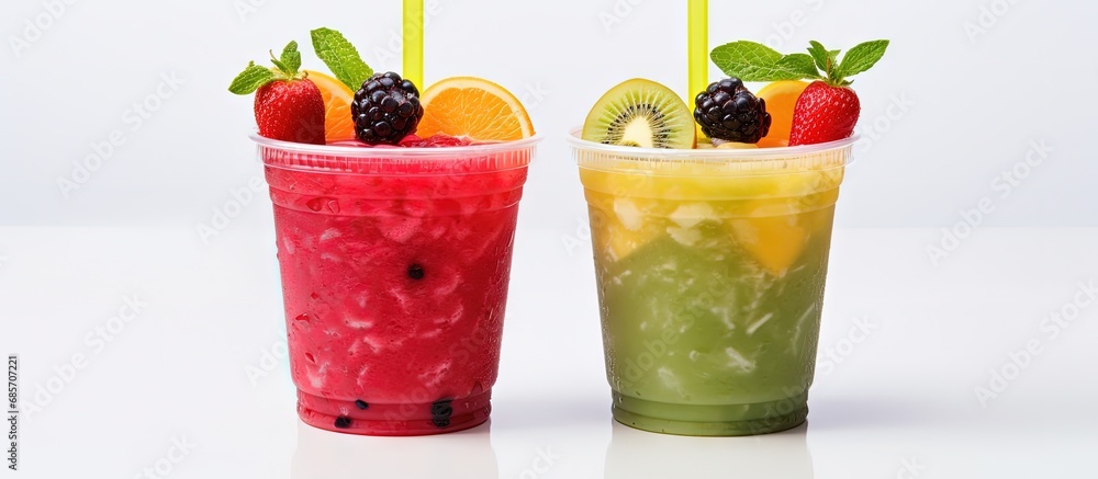 Poster Berry mojito and regular mojito fruity drinks in plastic cups isolated on white Copy space image Place for adding text or design
