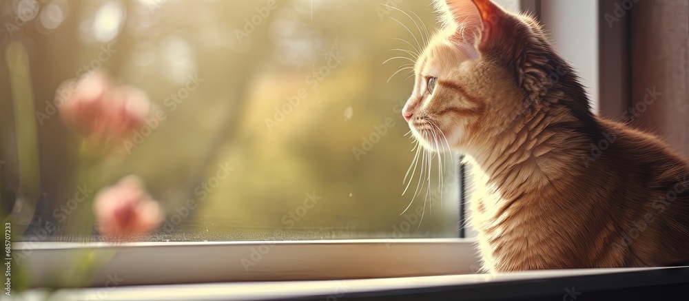 Aufkleber Cute red cat observing from scratching tower Copy space image Place for adding text or design