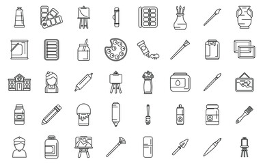 Painting studio icons set outline vector. Painter cloth artwork. Person palette