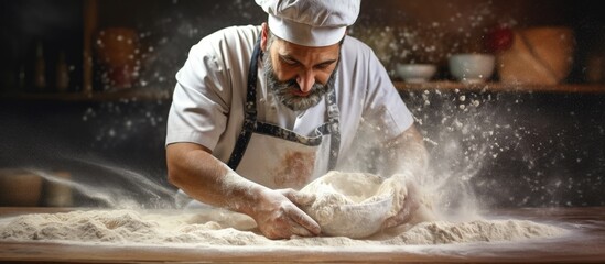 Close up of artisan baker sprinkling flour on fresh dough in rustic bakery kitchen Copy space image Place for adding text or design - obrazy, fototapety, plakaty