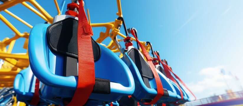 Amusement park roller coaster seating with safety harness system view Copy space image Place for adding text or design